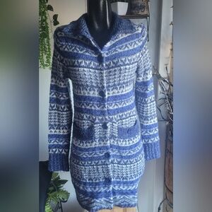 Joseph A Blue and White Button Front Knit Mid Length Cardigan S
